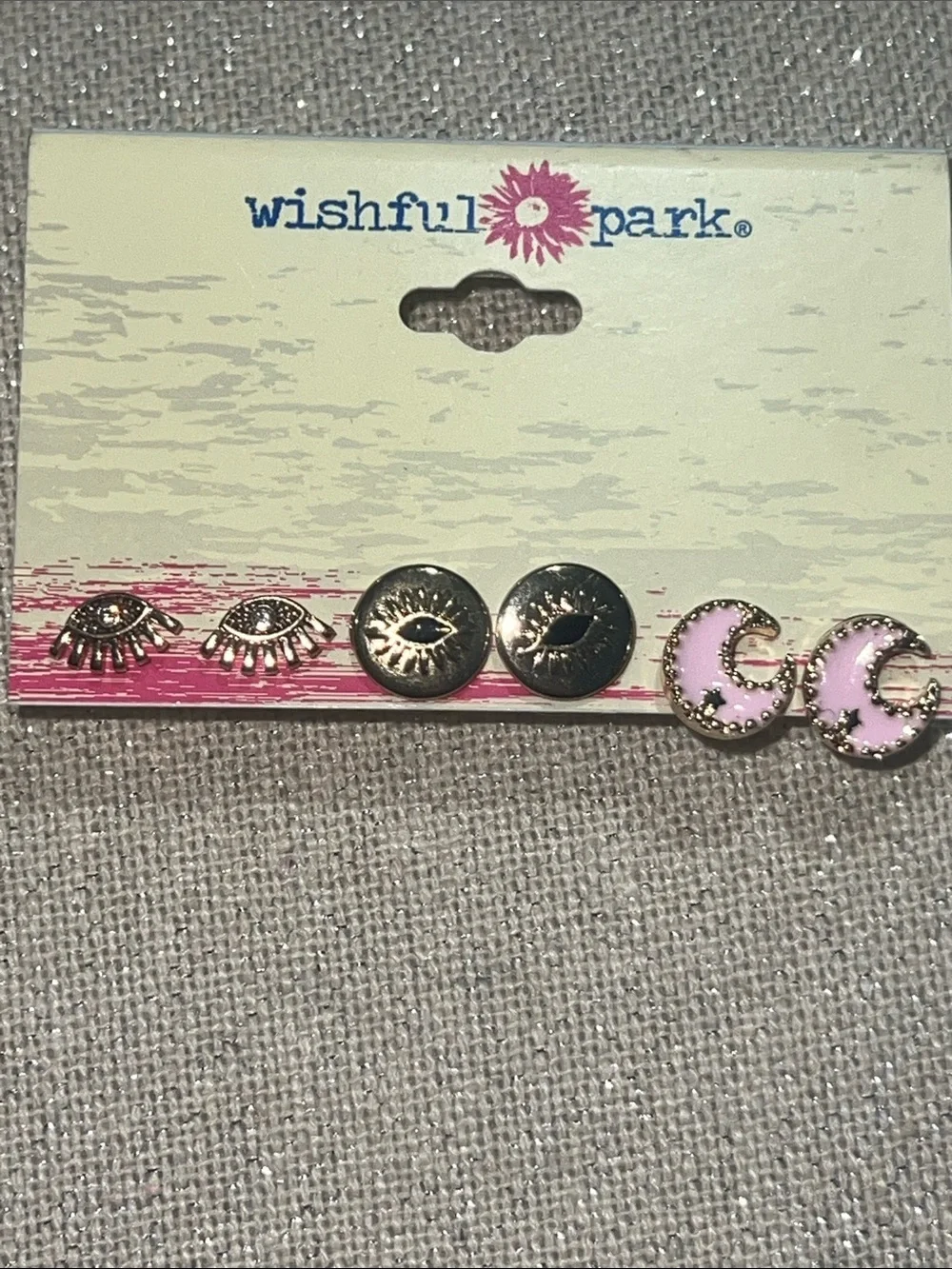Wishful Park Pink Enamel Crescent Moon & Gold Eye Stud Trio